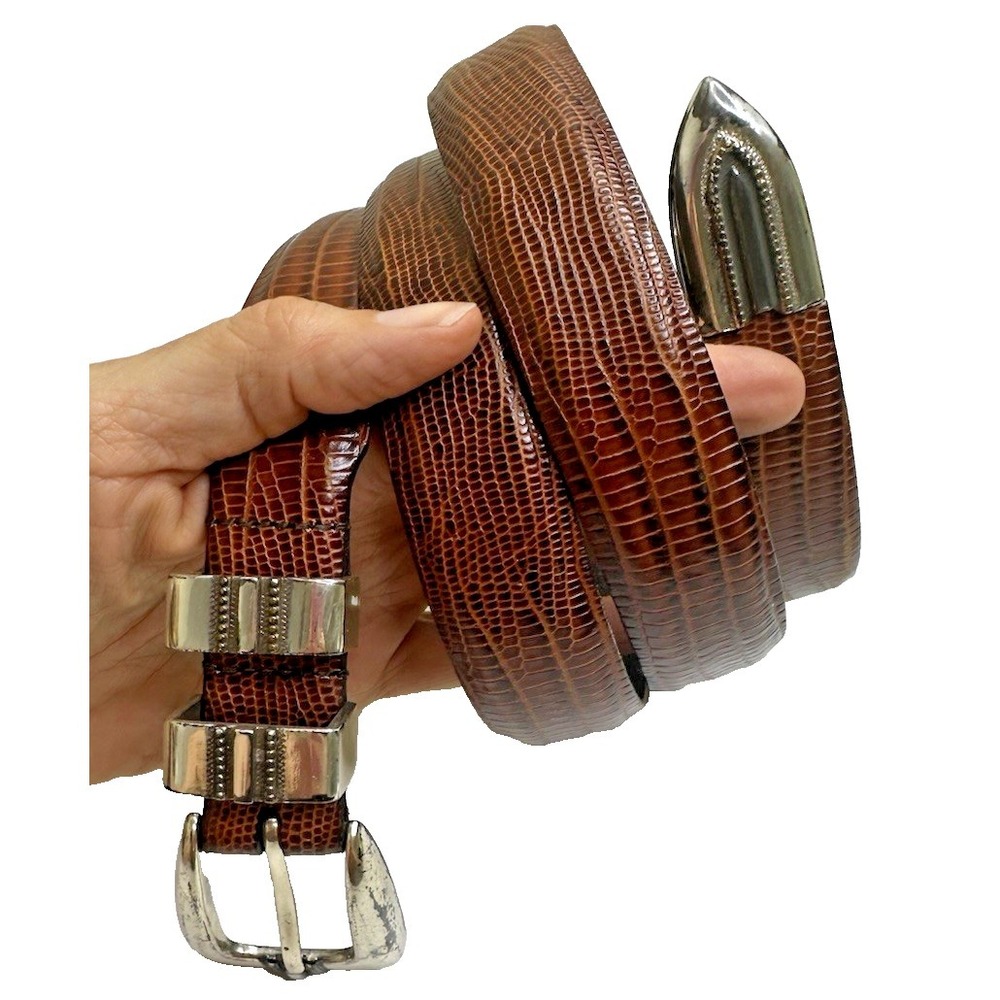 Remo Tulliani Mens Size 44 Genuine Leather Belt Brown Textured Lizard‎